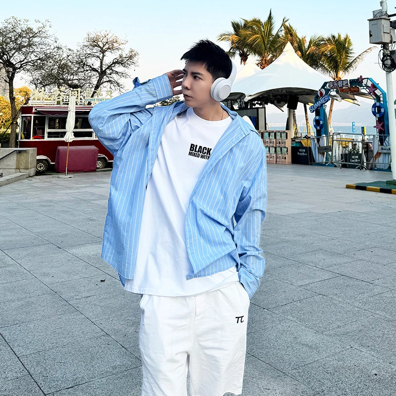 WANGZI痞帅条纹长袖衬衫韩版夏季高级感男装户外休闲衬衣大码男装