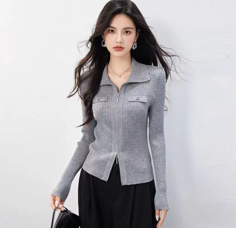 2025混纺气质女装时尚法式高级感Polo领针织拉链开衫
