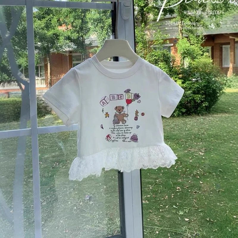 【蕾丝小熊】2025夏季新款女童蕾丝花边卡通印花纯棉短袖T恤批发