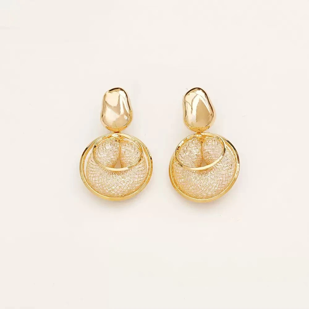 黄铜耳饰 高级感金丝网状圈圈耳环小众设计时尚复古耳坠