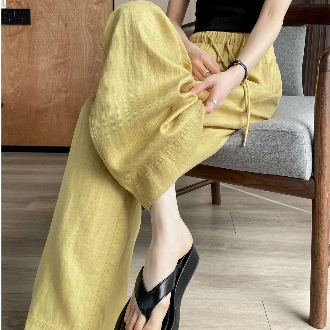 显瘦冰丝阔腿裤夏薄款2025新款垂感抗皱莱赛尔天丝亚麻黄色直筒裤