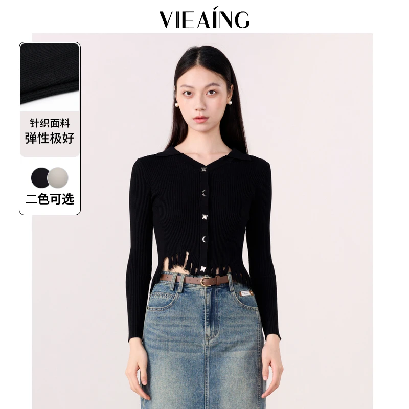 VIEA.ING薇迎2025春季新款气质毛边流苏修身针织衫白色打底上衣女