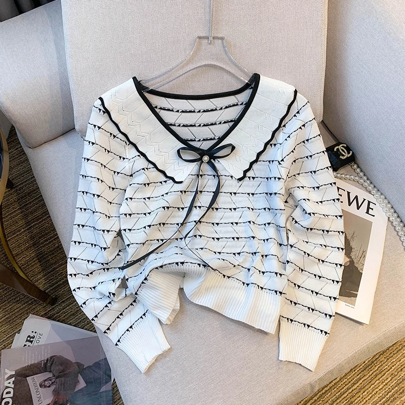 实拍现货秋装新款设计感海军风条纹娃娃领打底衫针织上衣女