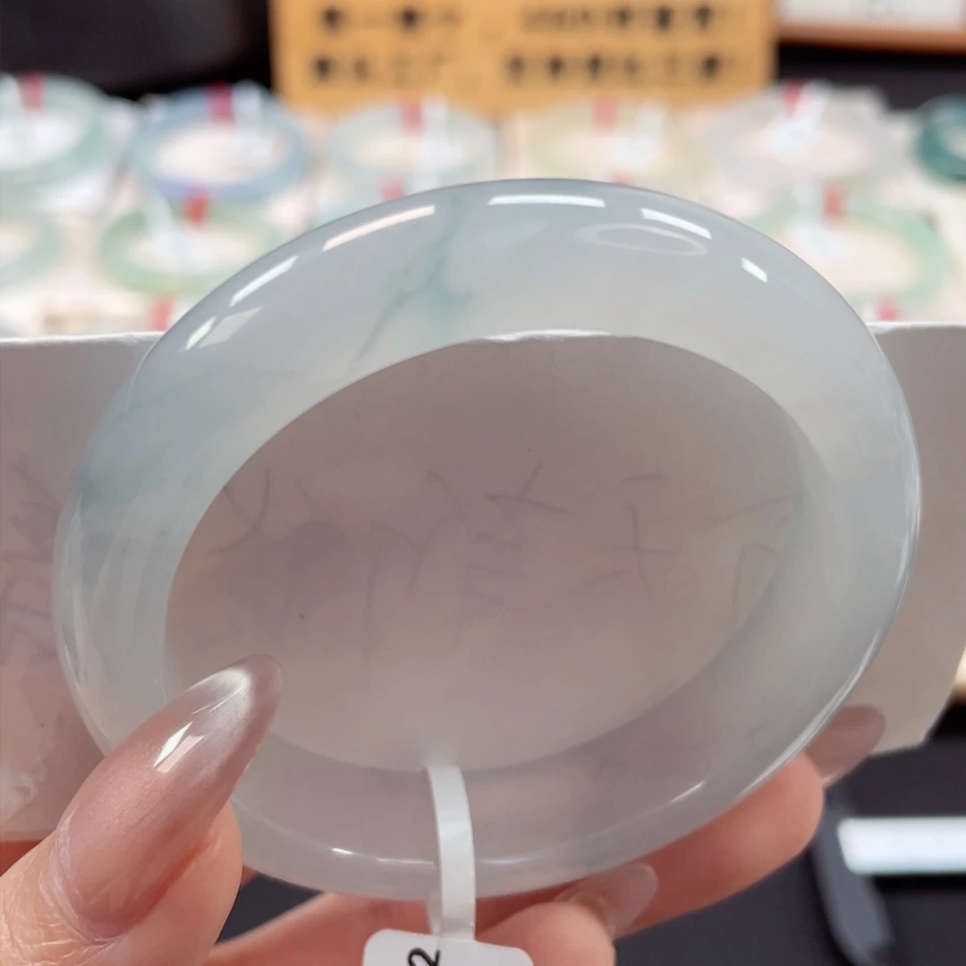 未镶嵌手镯翡翠54冰胶素雅蓝底飘丝丝缕缕蓝花19号