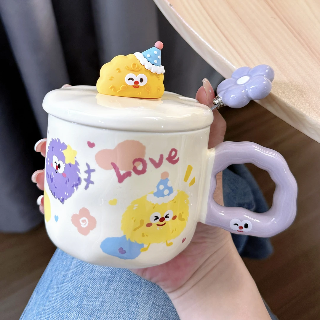 陶瓷杯子带盖带勺子高颜值水杯女马克杯可爱家用办公室咖啡早餐杯