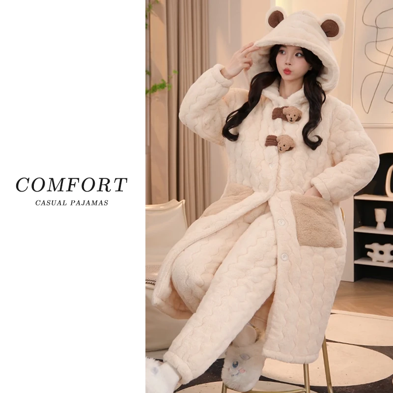 2024秋冬爆款珊瑚绒睡衣女三层夹棉加厚女士保暖睡袍可外穿家居服