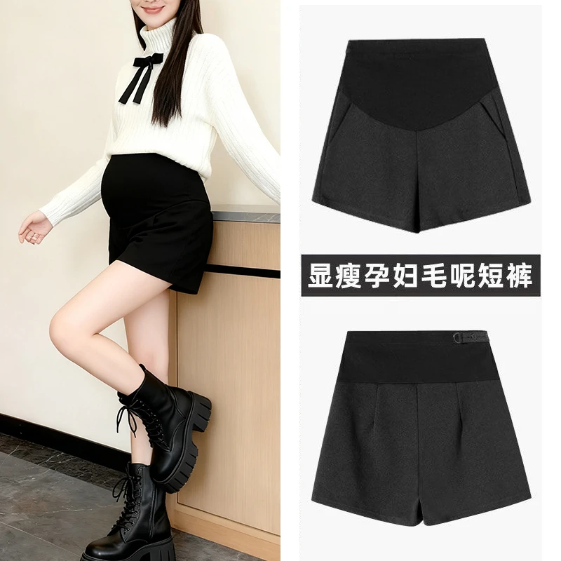 秋冬款毛呢短裤女外穿孕晚期外出裤子休闲宽松阔腿韩版高级感孕装