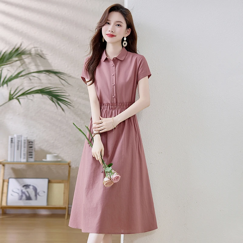 【棉麻】夏季新款显瘦气质收腰中长款连衣裙宽松时尚765