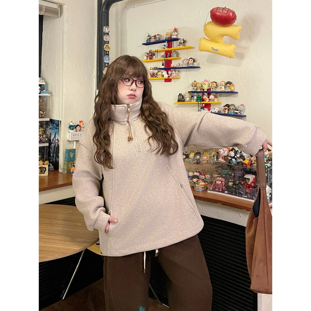 花契“柔雾芒果”大码女装冬季简约200斤胖mm复古加绒卫衣30004-C