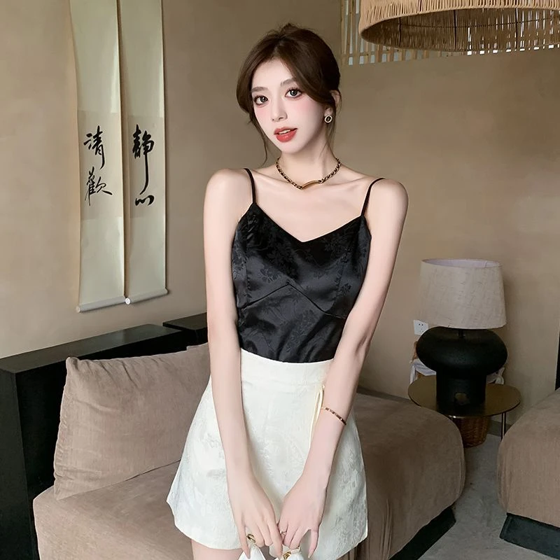 法式提花缎面吊带背心新中式上衣背带胸垫短款打底抹胸美上衣小众