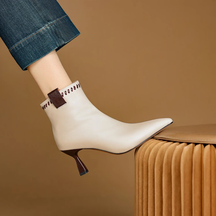 羊皮~7cm尖头高跟短靴女秋冬新款时尚气质细跟加绒单靴马丁靴裸靴