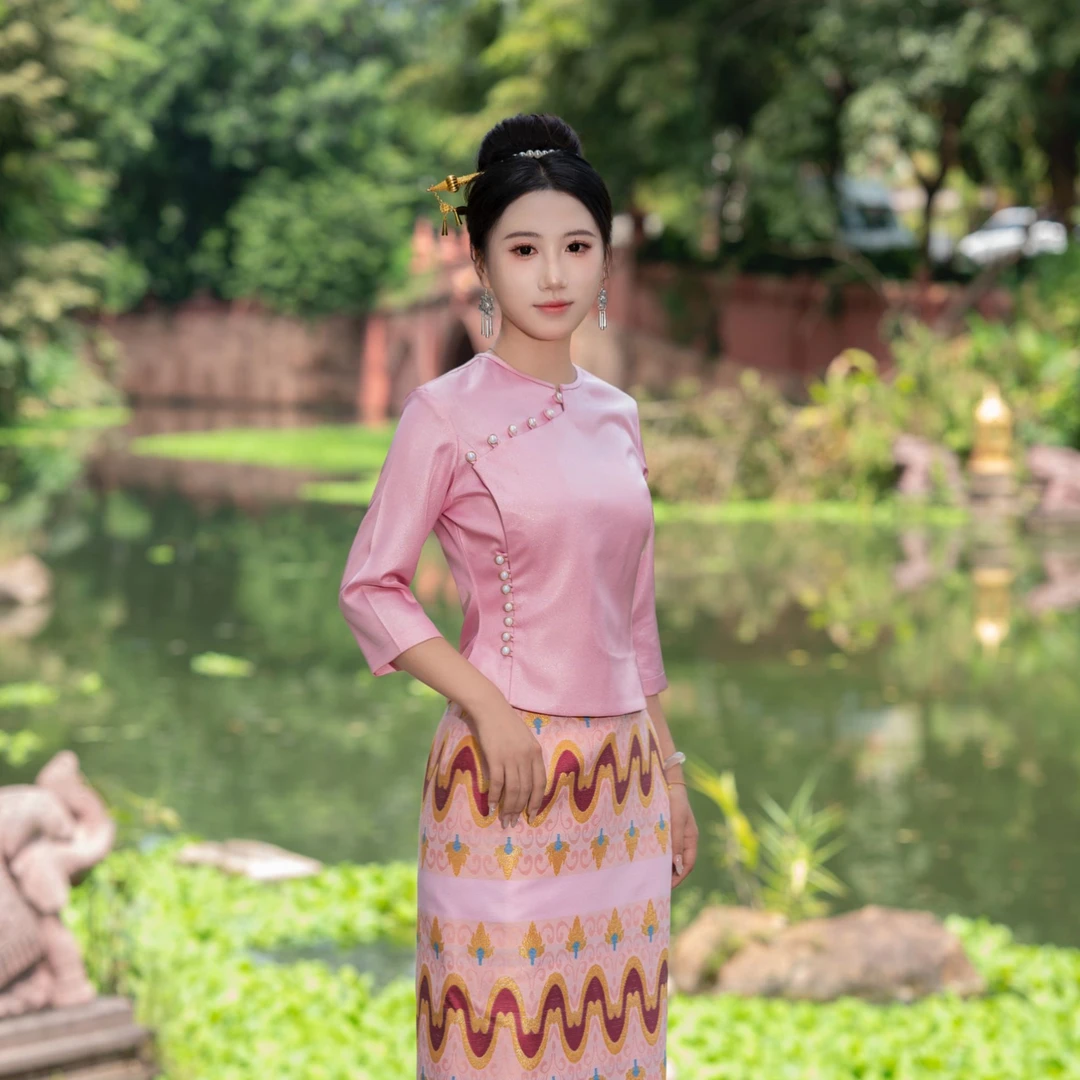 西双版纳傣族服装气质女士粉色国风新中式民族风傣族服饰提花女装