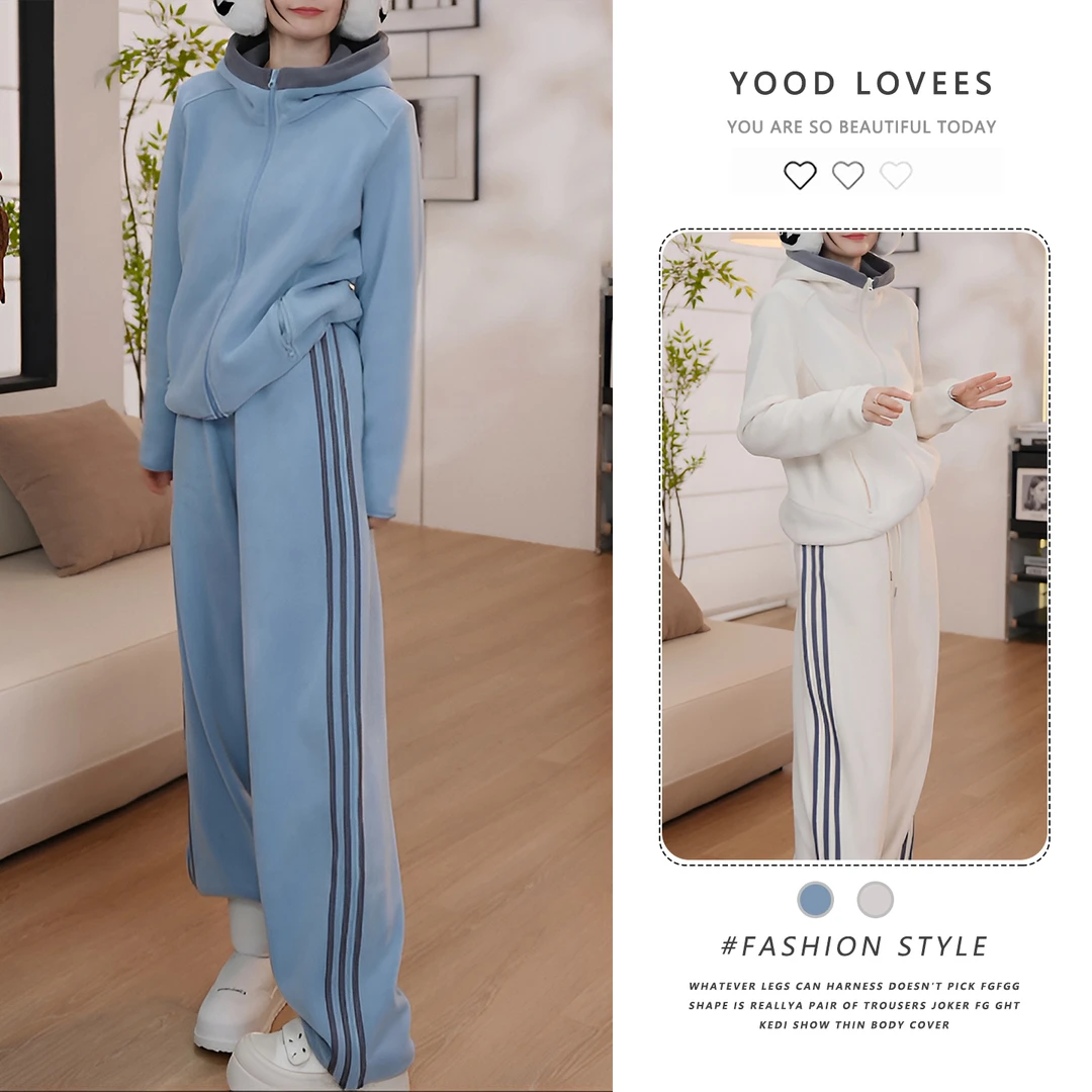盐系连帽卫衣阔腿裤休闲时尚套装女秋冬显瘦减龄洋气蓝色两件套潮