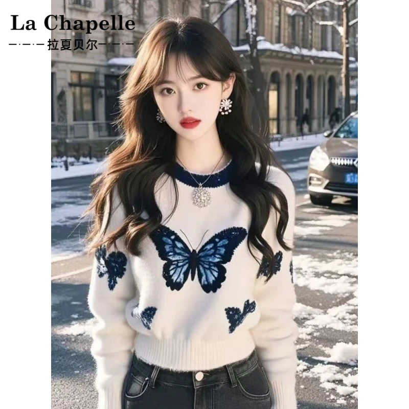拉夏贝尔白色蝴蝶印花毛衣女2025秋冬羊毛高级设计感针织衫独特超