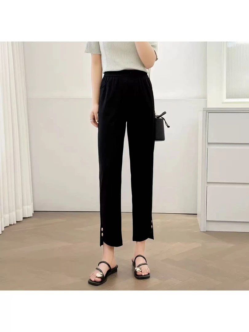 KJ26137松紧腰九分小黑裤显瘦烟管裤