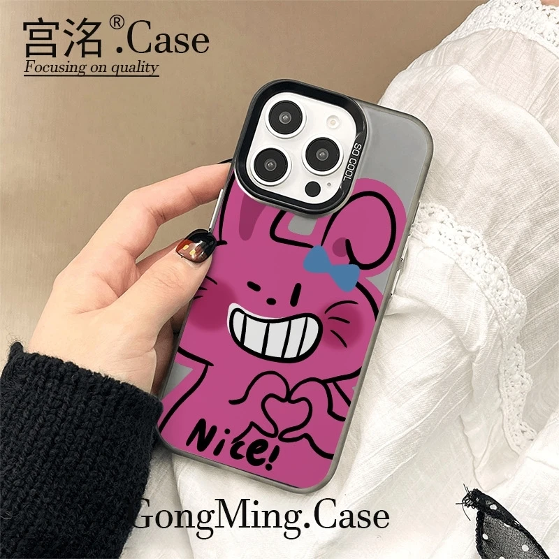 搞怪比心粉兔彩银壳适用于iPhoneiPhone苹果16手机壳华为oppo小米