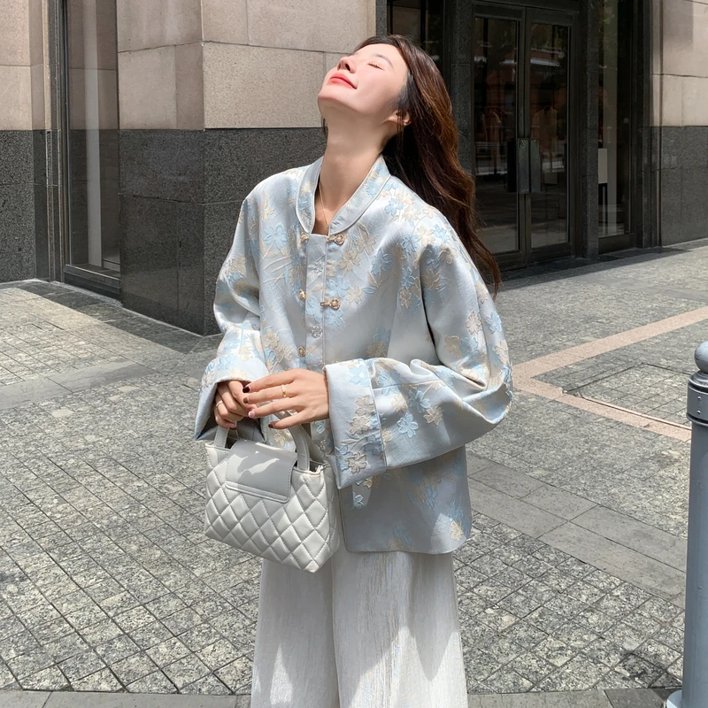 2025季长袖新中式重工提花浮雕外套女复古套装中国风上衣春秋禅意