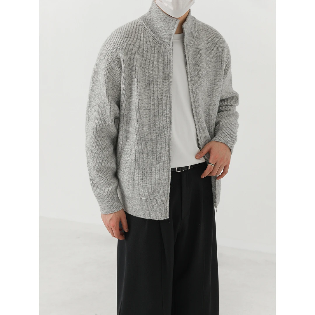 卓卓韩系慵懒风拉链立领针织开衫男士高级感简约百搭休闲毛衣外套