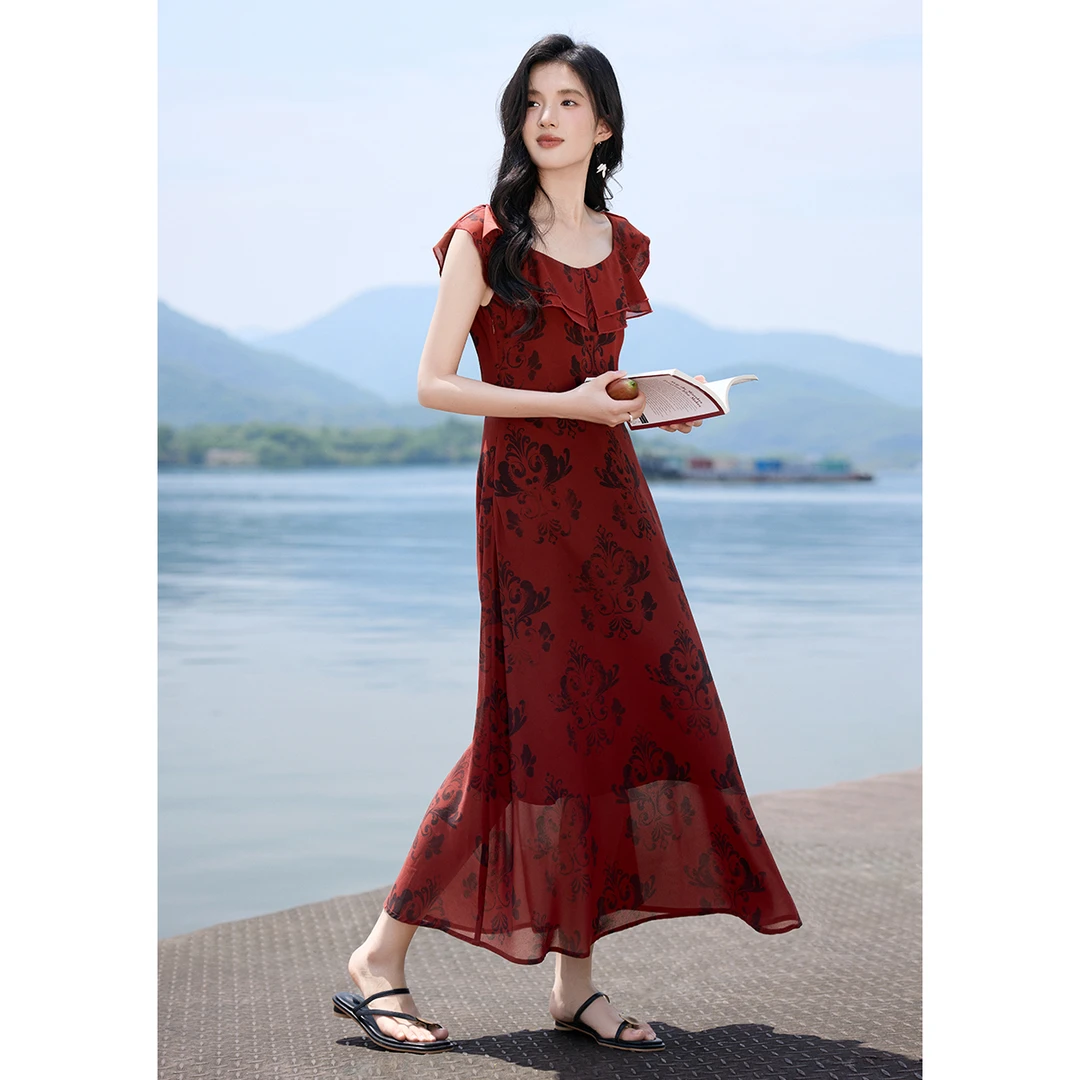 XWI/欣未【‘’落日玫瑰‘’法式气质长裙】25夏优雅荷叶边领雪纺连衣裙