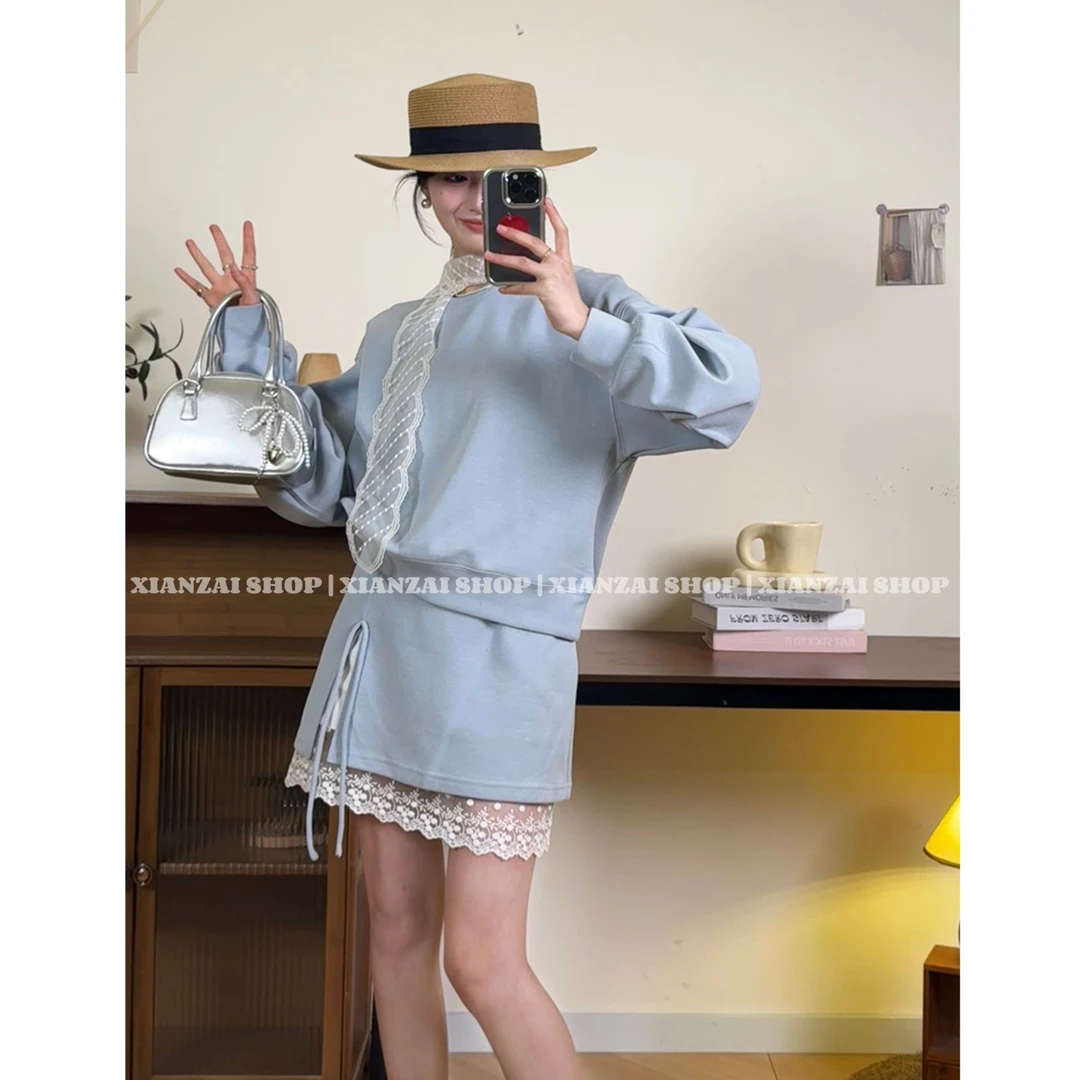 XIANZAI【柔美随性】早春穿搭韩系蕾丝飘带卫衣开叉半身裙三件套装