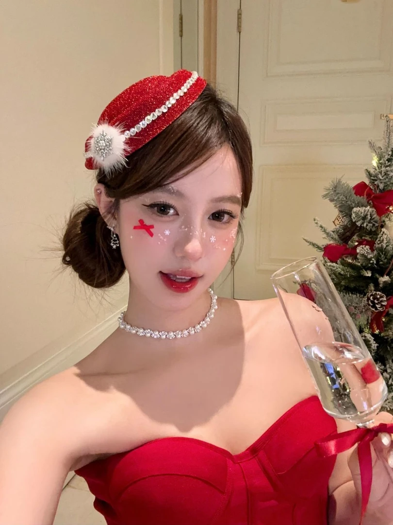 氛围圣诞细闪雪花毛球红色礼帽圣诞节发夹cos装扮拍照道具头饰