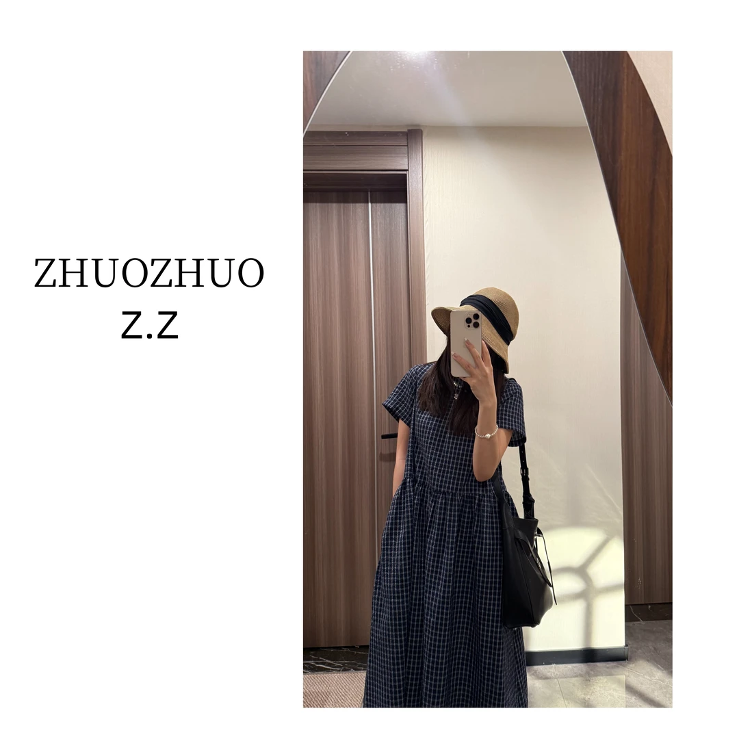 【ZHUOZHUO专属】“蓝汀时序”日系经典藏青格短袖夏季宽松减龄连衣裙