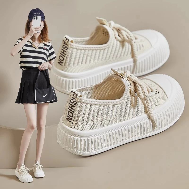 高级感透气帆布鞋女2025新款夏季小白鞋薄款厚底鞋子轻便网面网鞋