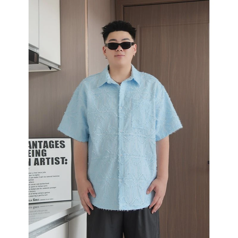 小众轻熟风磨毛设计感短袖衬衫男夏季新款宽松痞帅高级大码衬衣