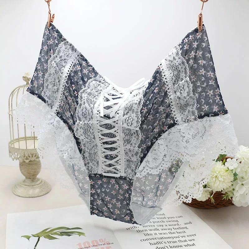 （120-220斤）新款大码法式风情绑带性感透气蕾丝高腰女士内裤