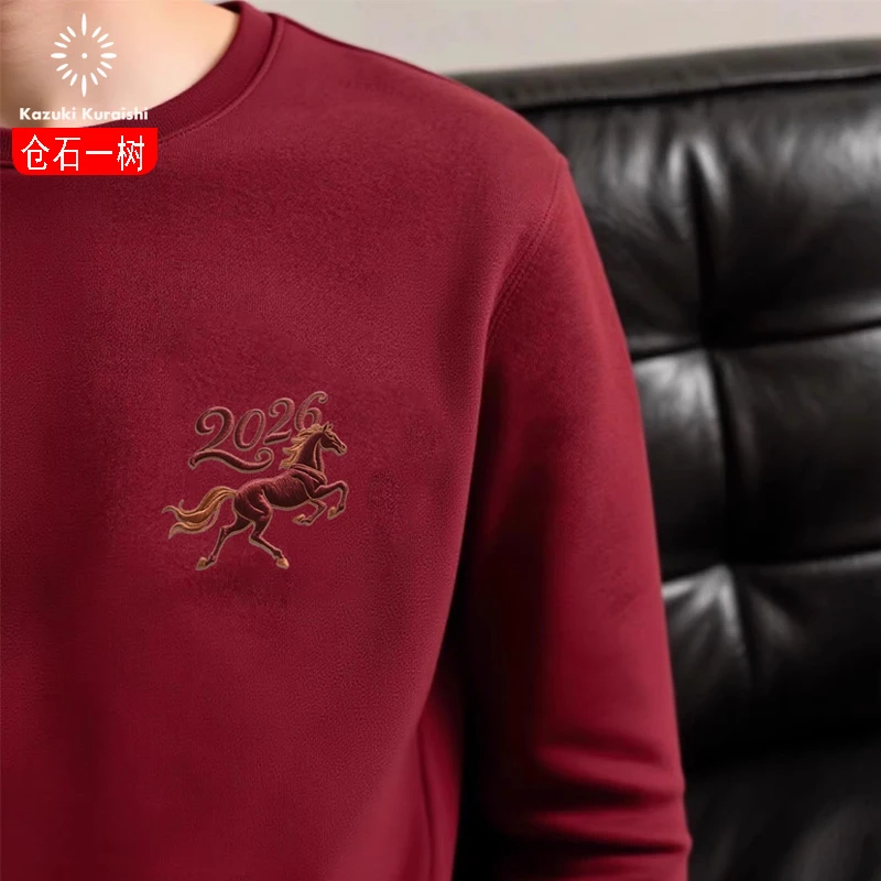 仓石一树潮流本命年圆领卫衣男士秋冬2026新款宽松马年酒红色衣服