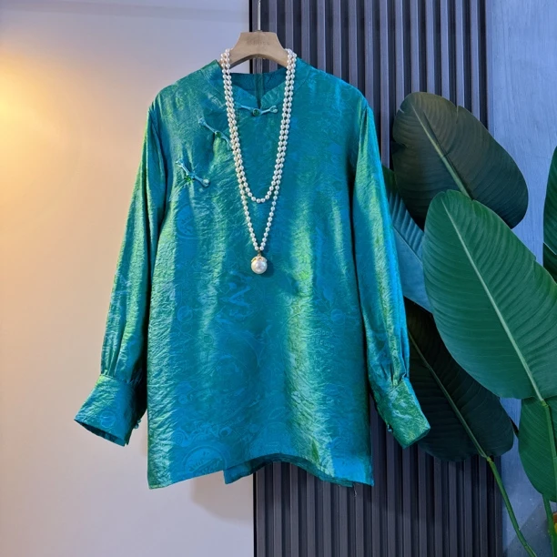 新中式国风烫金提花盘扣衬衫复古设计感气质百搭宽松大码女士上衣