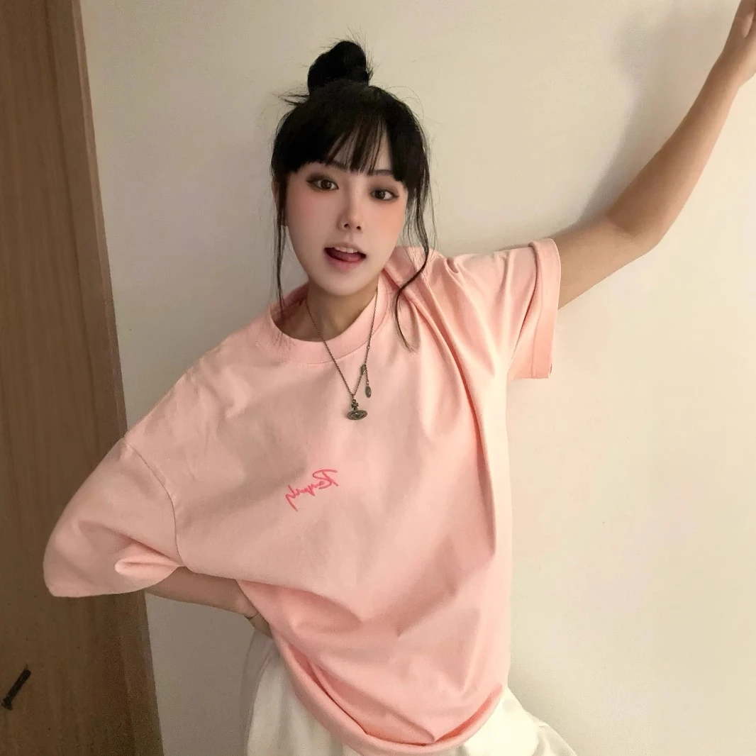 夏季甜美清新设计感圆领短袖T恤女2025新款字母印花少女风中长款