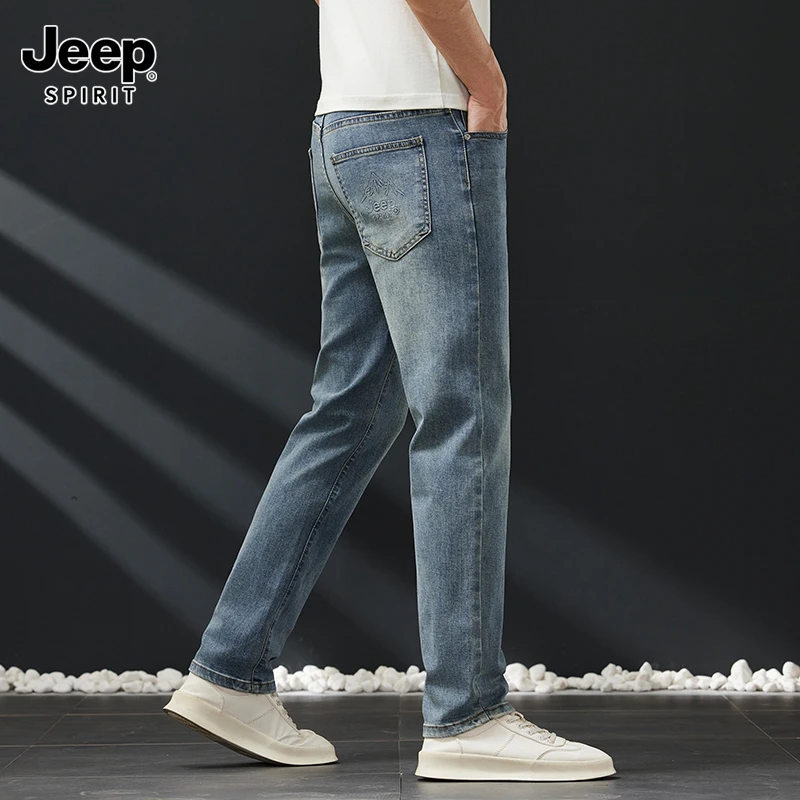 吉普新款男士休闲裤春秋百搭潮流刺绣高弹力直筒长裤棉质舒适都市