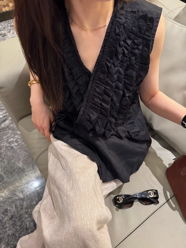 好久不见黑色无袖花边系带亚麻上衣