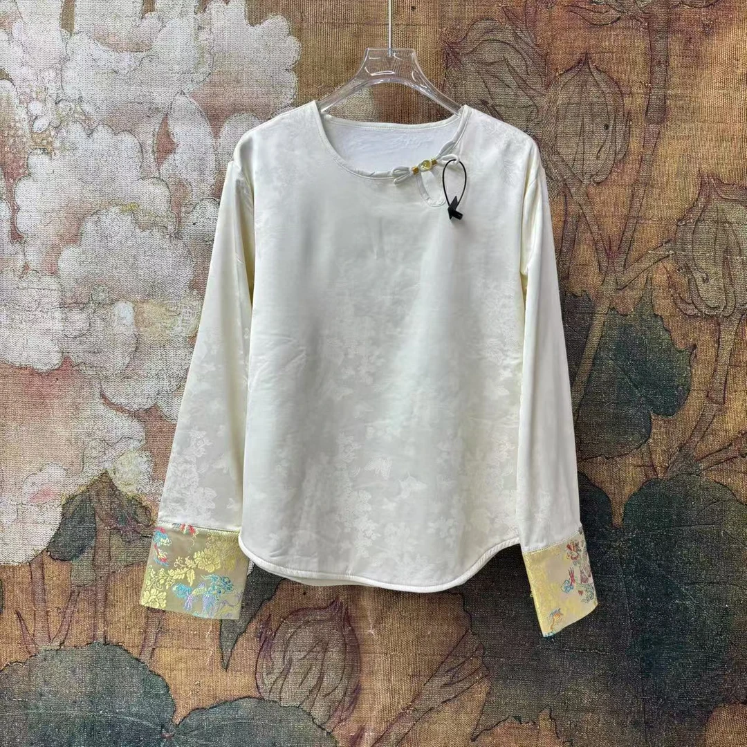 新中式国风圆领拼接提花加绒长袖上衣