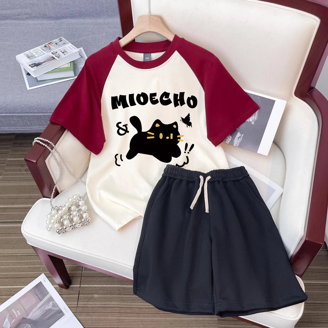 PAIDENGTU女童 短袖T恤套装夏季2025新款卡通时髦洋气中大童短裤