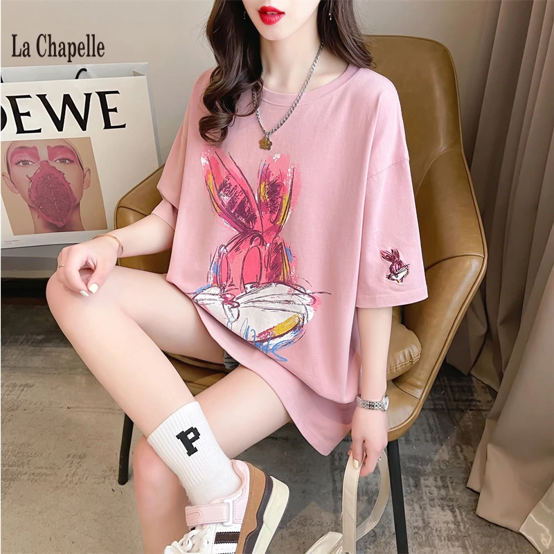 拉夏贝尔兔子短袖t恤女2025夏季新款美式宽松大版中长款别致上衣