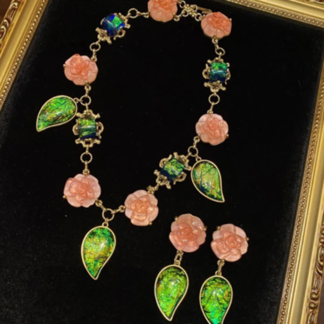 铜合金树脂项链 铜合金项链 西洋中古粉色树脂玫瑰花项链耳环套装