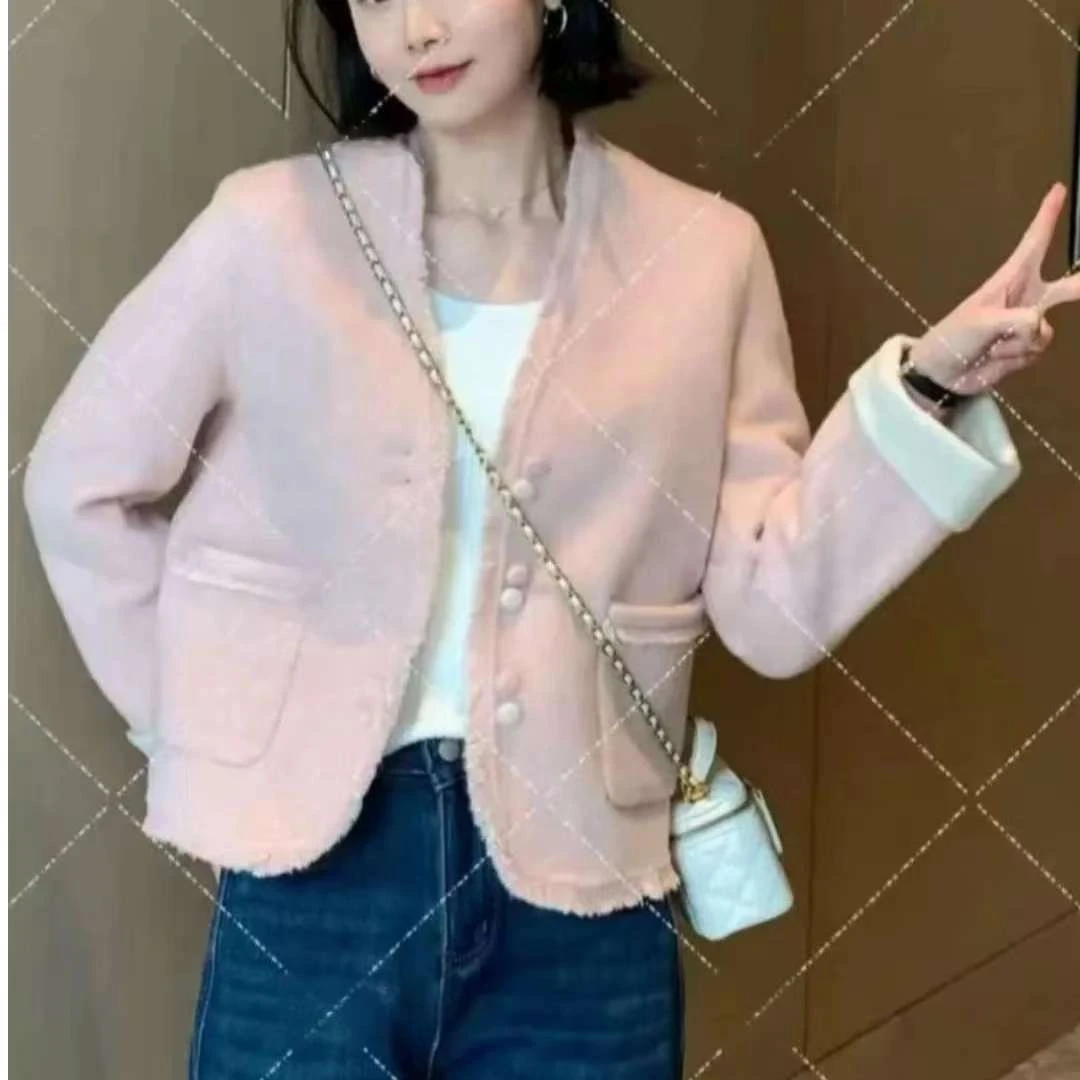 两面穿V领双面羊毛外套女 秋冬新款双面呢小个子毛呢韩系短款大衣