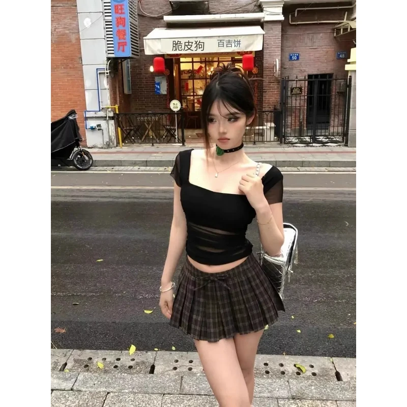 TZZZ纯欲风辣妹黑色微透短袖T夏季别致方领修身显瘦短款网纱上衣