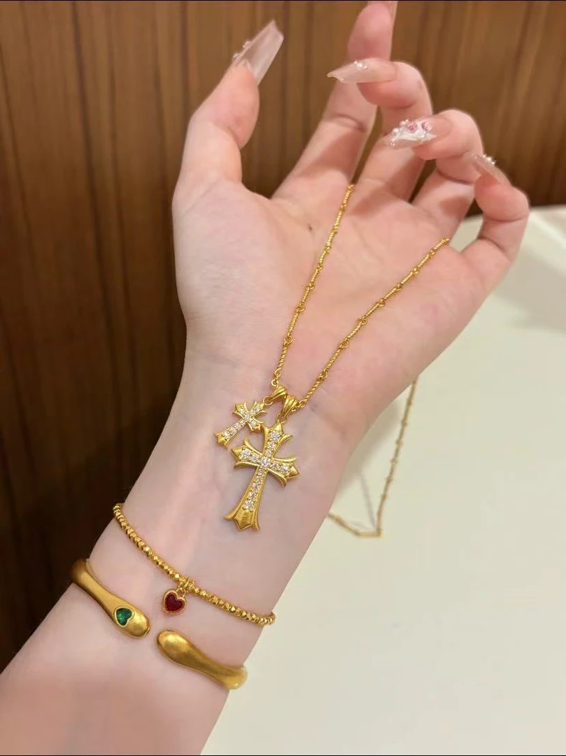 坠链均足银 满钻双十字架克罗小众项链5007