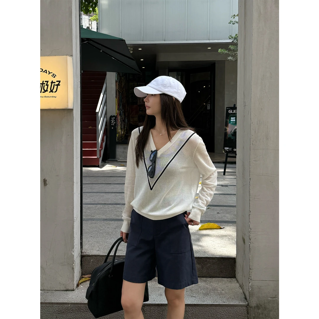 【月光独奏】“莱赛尔天丝”设计感撞色拼接镂空透气舒适T恤上衣21662