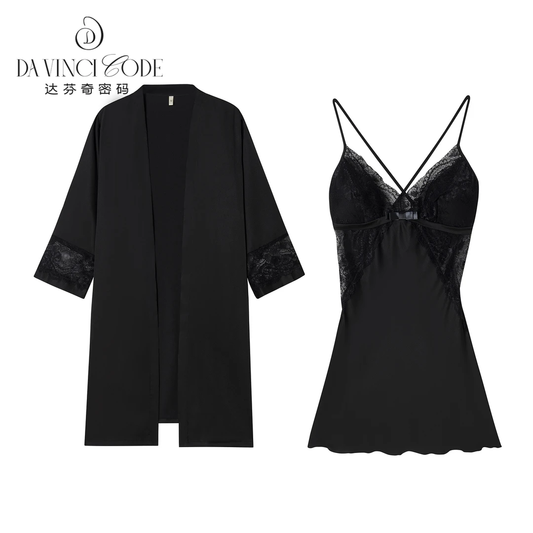 达芬奇密码性感睡衣女2025新款带胸垫蕾丝吊带v领睡裙睡袍套装