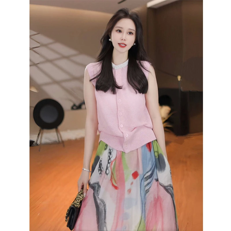 夏季穿搭一整套高级感韩系气质小众无袖针织上衣印花半身裙两件套