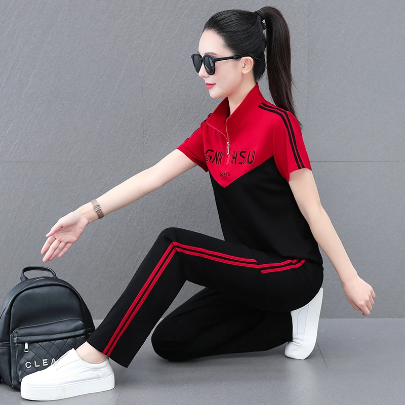 运动套装女夏季短袖新款两件套洋气休闲套装显瘦立领时尚广场舞女
