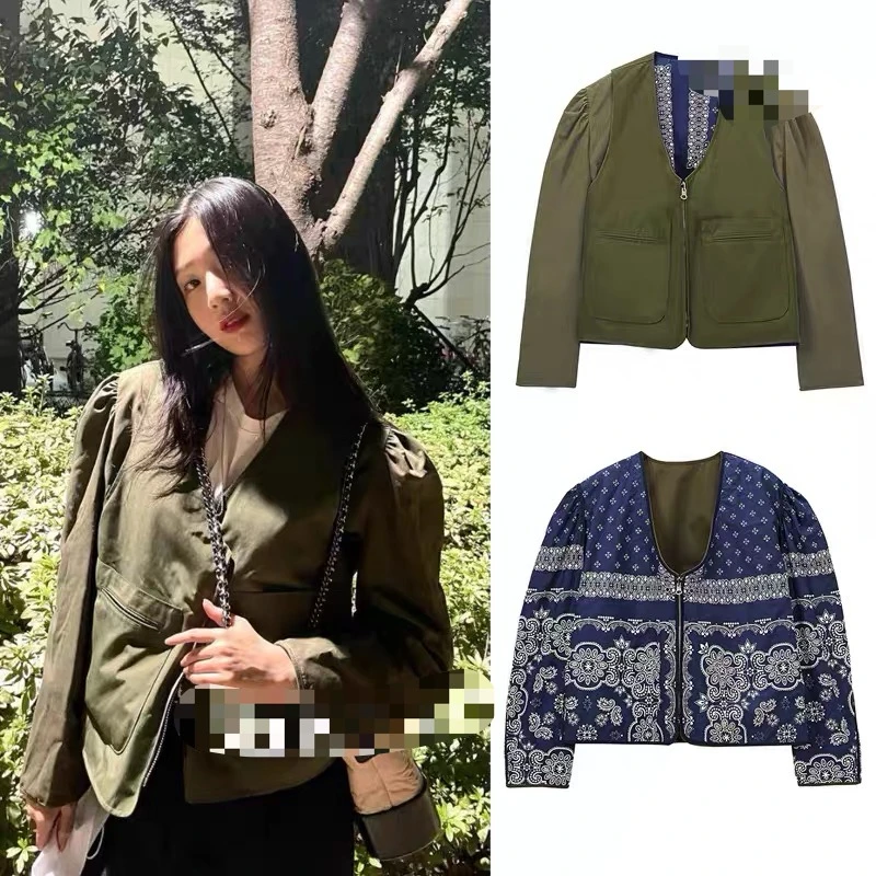 外贸韩单双面穿腰果花图案小众时尚设计师休闲外套