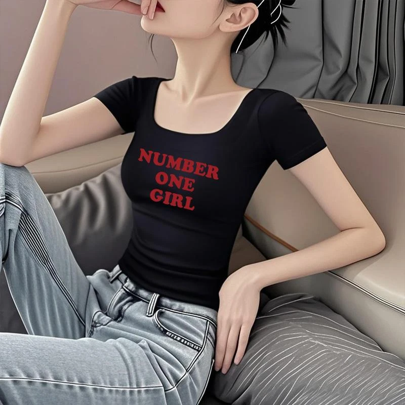 黑色正肩方领印花短袖T恤女2025新款夏季显瘦洋气设计感小众上衣