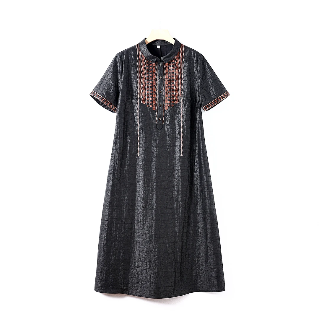 【澜亭絮絮】桑蚕丝香云纱龟纹老料重工刺绣翻领连衣裙25363