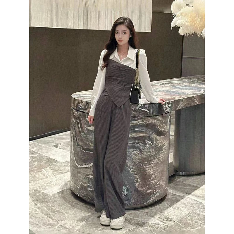 W229 秋季流行穿搭气质通勤条纹衬衫两件套