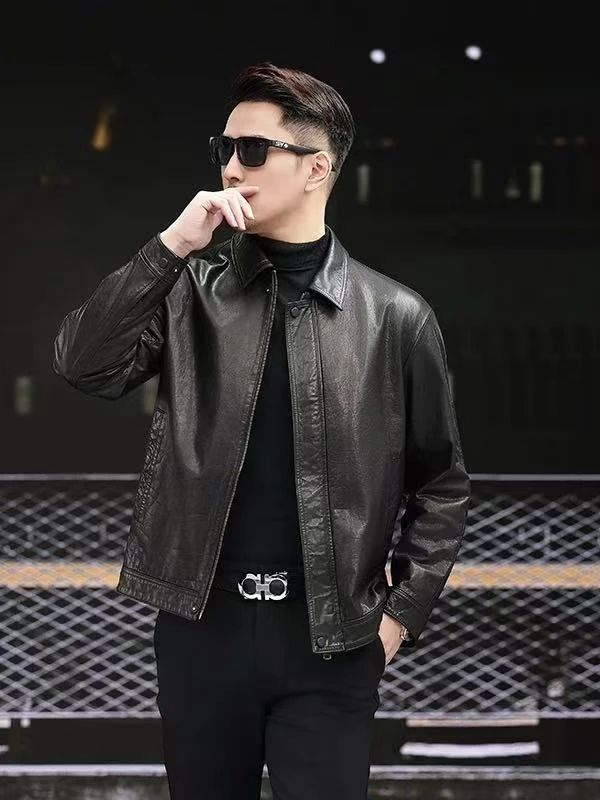 升级款牛皮皮衣百搭外套秋季修身型春秋翻领